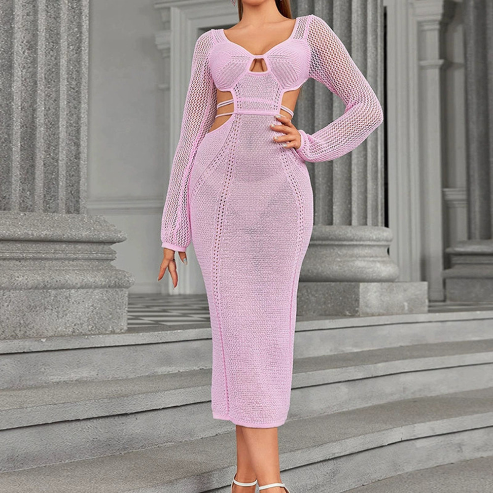 Zara Knit Maxi Dress Open Back Cutout Long Sleeve Tie Back